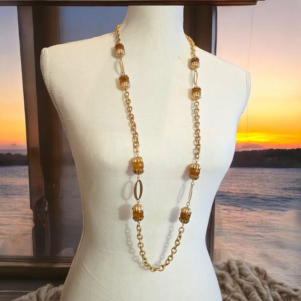 Park Lane Station Necklace Light Brown Acrylic Beads Vintage Style Gold Tone 40"